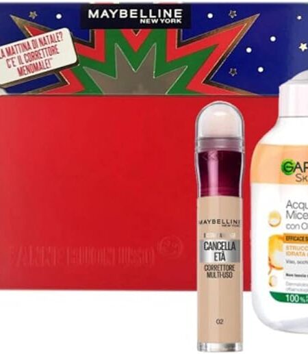 Cofanetto Natale Maybelline | Acqua Micellare Bifase + Correttore Il Cancella Età 02 + Makeup Box