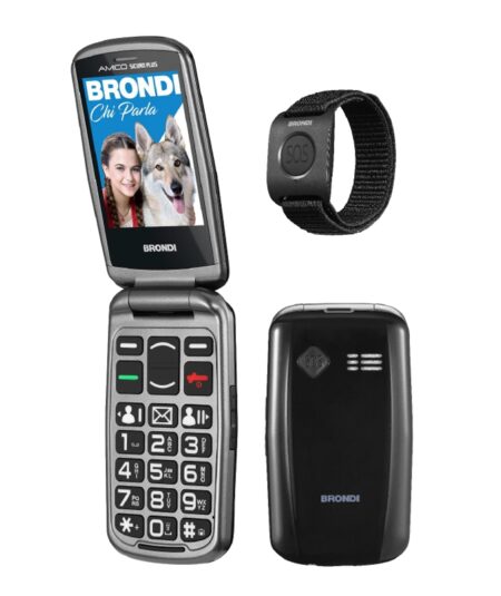 BRONDI AMICO SICURO PLUS (NERO) - TELEFONO CELLULARE PER ANZIANI - TASTO SOS - CONTROLLO REMOTO - ANNUNCIO VOCALE - BASE DI RICARICA