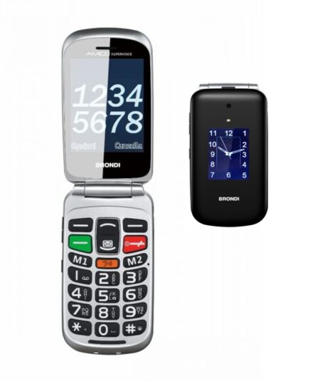 BRONDI SUPER VOICE (NERO/ARGENTO) - TELEFONO CELLULARE PER ANZIANI - TASTO SOS - AUDIO AMPLIFICATO - CONTROLLO REMOTO - BASE DI RICARICA - DOPPIO DISPLAY