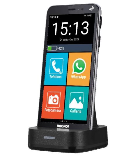 BRONDI AMICO VERO 4G (NERO) - SMARTPHONE PER ANZIANI - TASTO SOS - TORCIA - GPS - NOTIFICA AI PARENTI IN CASO DI CADUTA - CONTROLLO REMOTO - FOTOCAMERA - BASE DI RICARICA - CONNETTIVITA 4G