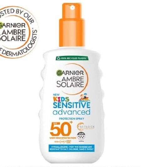 Garnier Ambre Solaire Kids Advanced Sensitive Spray SPF 50+ – Protezione Solare Alta per Pelle Sensibile, 150 ml