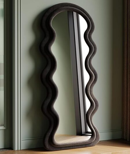 Specchio su piedistallo specchio ondulato 160 x 60 cm, specchio da parete in legno avvolto in flanella, specchio autonomo o sospeso, nero