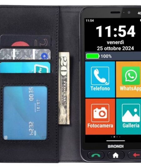 BRONDI AMICO VERO 4G (NERO) + FLIP COVER - SMARTPHONE PER ANZIANI - TASTO SOS - TORCIA - GPS - NOTIFICA AI PARENTI IN CASO DI CADUTA - CONTROLLO REMOTO - FOTOCAMERA - BASE DI RICARICA - CONNETTIVITA 4G