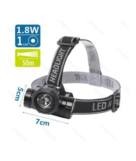 TORCIA LAMPADA LED DA TESTA FRONTALE BLACK 1 LED - 80LM - 1,8W LUCE BIANCA 6500K - DISTANZA 50MT - IPX3 MISURA L70W70H55mm