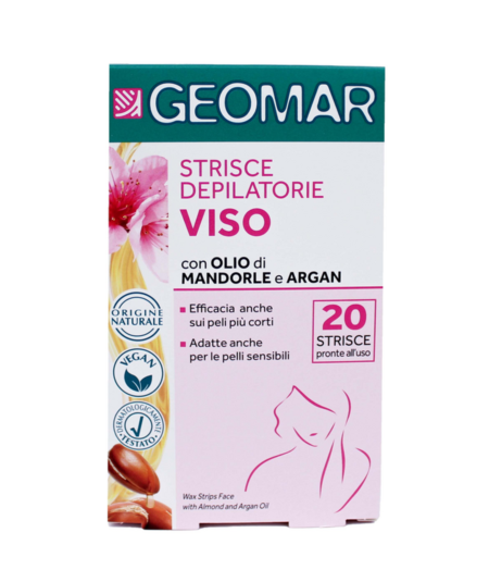 GEOMAR Cera Depilatoria Viso - 20 Strisce con Aloe Vera e Olio di Argan + 6 Salviette Post-Epilazione